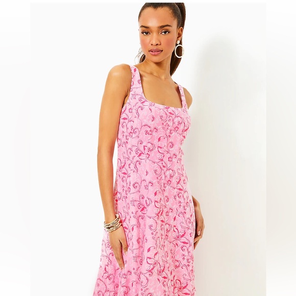 NWT Lilly Pulitzer Calina Linen Flamingle Garden Print Midi Dress Size 10 - Picture 6 of 9